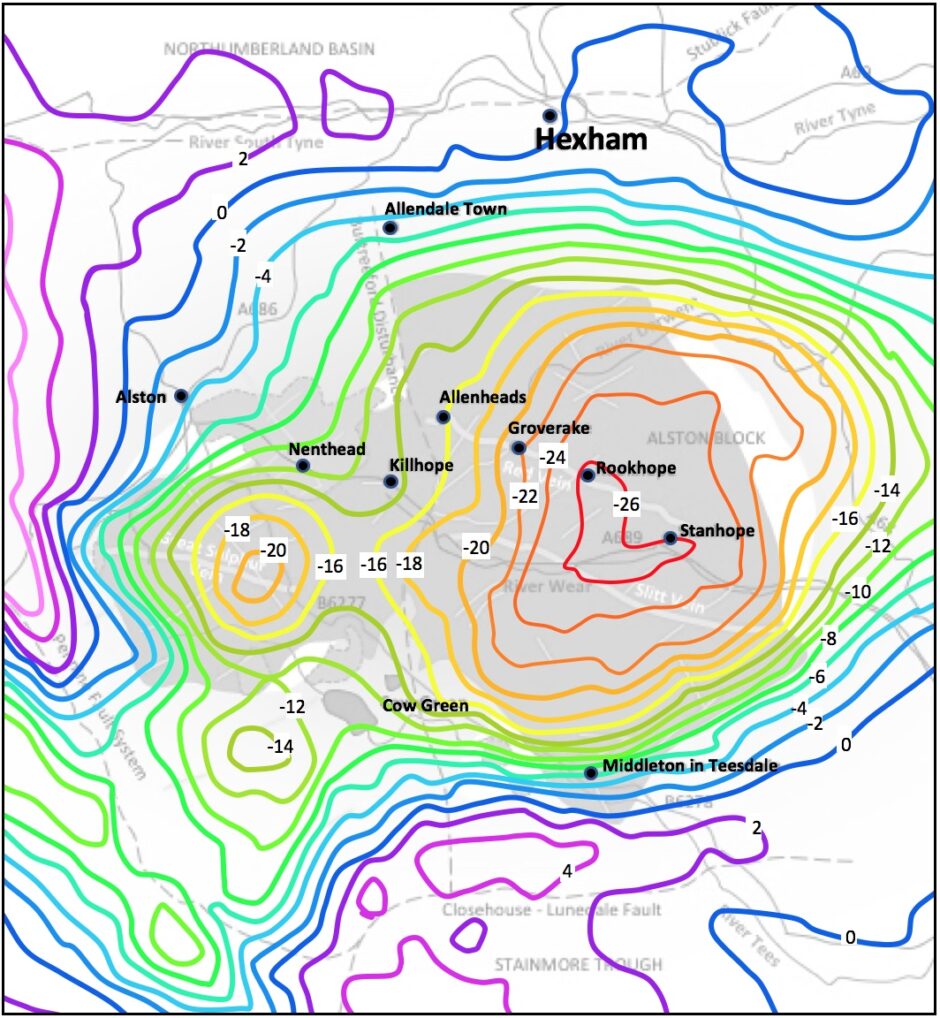 Bouguer Gravity Anomily map showing the relationship of the Weardale Pluton and the North Pennine Orefield